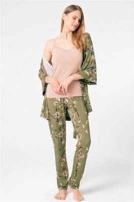 Arias Closet İp Askılı V Yaka Viskon Çiçek Desenli Kışlık Örme Normal Bel Bağlamalı Dantel Detaylı Pijama Takımı Sabahlık