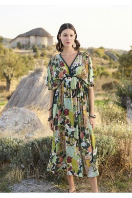 Arias Closet %100 Viskon Çiçek ve Yaprak Desenli Kısa Kollu Elbise