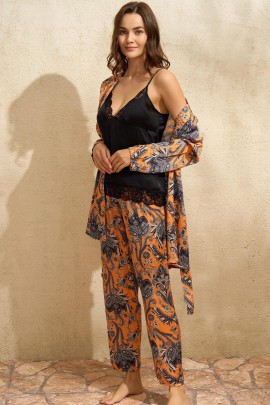 Kadın Saten Çiçek Baskılı Sabahlık Dantelli Atlet ve Pantolon Pijama 3'lü Takım (5621)