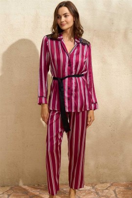 Arias Closet Saten Çizgili Düğmeli Uzun Kol Dantelli Gömlek ve Pantolon Pijama Takım (9765)