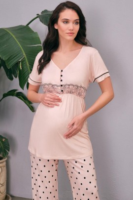 Kadın Viskon Hamile Lohusa Puantiyeli Sabahlık Önden Açılan Dantelli Emzirme T-Shirt ve Pantolon Pijama 3'lü Takım (5655)