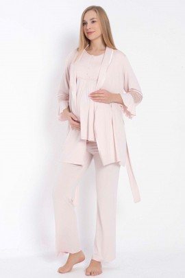 Kısa Kol Bisiklet Yaka Kadın Viskon Dantel Detaylı Hamile Pijama Takımı Sabahlık