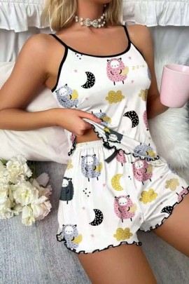 Arias Closet Beyaz Üstüne Desenli İnce Askılı Şortlu Pijama Takımı