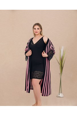 Arias Closet Büyük Beden Çizgi Desenli Dantel İşlemeli 2'li Viskon Siyah Gecelik Sabahlık Takımı