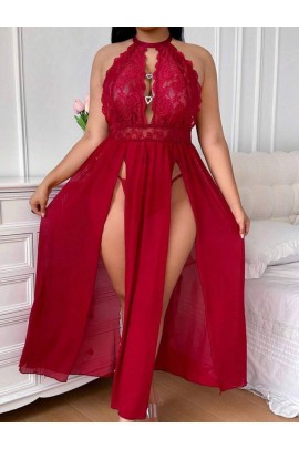 Arias Closet Büyük Beden Kırmızı Dantel İşlemeli Göğüs Detaylı Yırtmaçlı Fantezi Gecelik