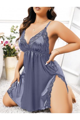 Arias Closet Büyük Beden Lacivert Dantel İşlemeli İnce Askılı Saten Fantezi Gecelik