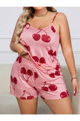 Arias Closet Büyük Beden Pembe Kiraz Desen İnce Askılı Pamuklu Şortlu Pijama Takımı