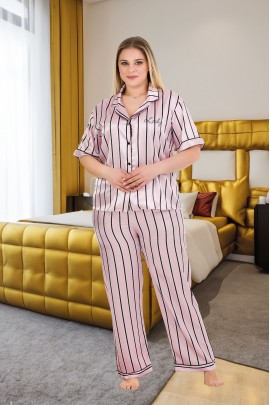 Arias Closet Büyük Beden Şık Tasarım Pembe Siyah Çizgili Düğmeli Kısa Kol Lüx Saten Pijama Takımı