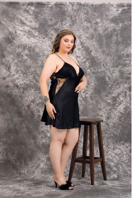 Arias Closet Büyük Beden Şık Tasarım Siyah Dantel İşlemeli Lüx 2'li Saten Gecelik Sabahlık Takımı