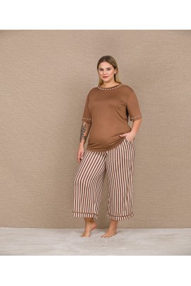 Arias Closet Büyük Beden Viskon Şık Tasarım Kahverengi Çizgili Kısa Kol Kapri Takım