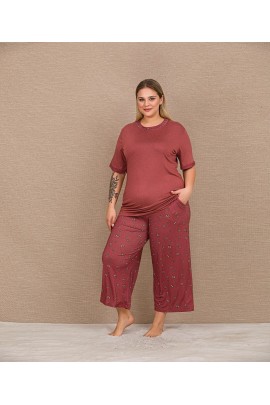 Arias Closet Büyük Beden Viskon Şık Tasarım Kelebek Desenli Bordo Kısa Kol Kapri Takım