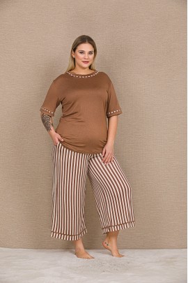 Arias Closet Büyük Beden Viskon Şık Tasarım Kahverengi Çizgili Kısa Kol Kapri Takım