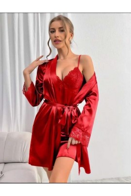 Arias Closet Dantel İşlemeli İnce Askılı Kırmızı Saten 2'li Gecelik Sabahlık Takımı