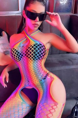 Arias Closet Gökkuşağı Desenli Fileli Fantezi Vücut Çorabı