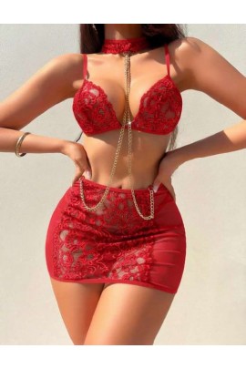 Arias Closet Kırmızı Transparan Dantel İşlemeli Zincir Detaylı Fantezi Takım