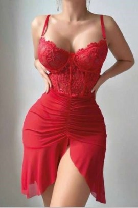 Arias Closet Özel Tasarım Fırfırlı Dantel İşlemeli Tül Fantezi Kırmızı Gecelik