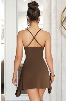 Arias Closet Özel Tasarım İnce Askılı Göğüs Dekolteli Kahverengi Mini Saten Gecelik