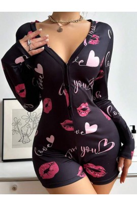 Arias Closet Pamuklu Kırmızı Öpücük ve Kalp Desenli Düğmeli Uzun Kol Tulum Pijama