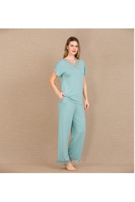 Arias Closet Viskon Şık Tasarım Dantel İşlemeli Mint Yeşil Kısa Kol Pijama Takımı