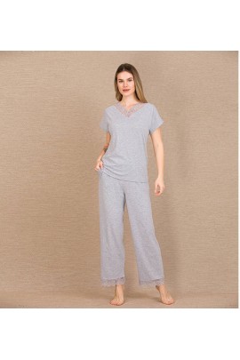 Arias Closet Viskon Şık Tasarım Dantel İşlemeli Gri Kısa Kol Pijama Takımı