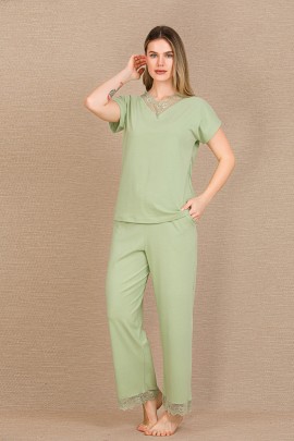 Arias Closet Pamuklu Şık Tasarım Dantel İşlemeli Yeşil Kısa Kol Pijama Takımı