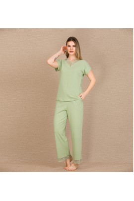Arias Closet Pamuklu Şık Tasarım Dantel İşlemeli Yeşil Kısa Kol Pijama Takımı