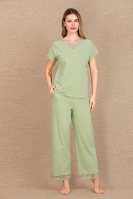 Arias Closet Pamuklu Şık Tasarım Dantel İşlemeli Yeşil Kısa Kol Pijama Takımı