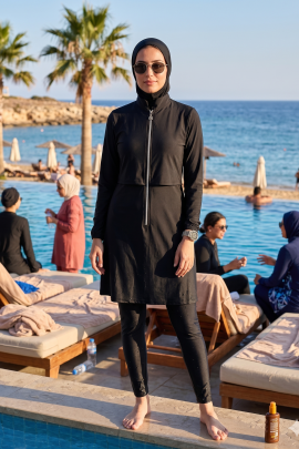 Arias Closet Paraşüt Basic Siyah Tam Kapalı Fermuarlı Spor Likralı Tesettür Mayo Takımı