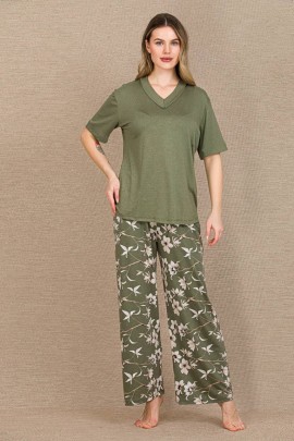 Arias Closet Şık Tasarım Çiçek Desenli Yeşil Kısa Kol Viskon Pijama Takımı