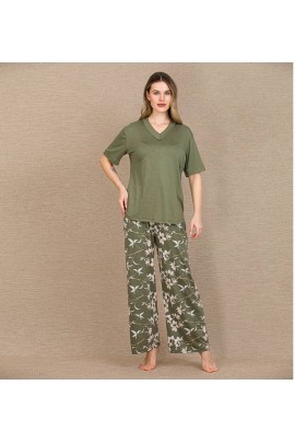 Arias Closet Şık Tasarım Çiçek Desenli Yeşil Kısa Kol Viskon Pijama Takımı