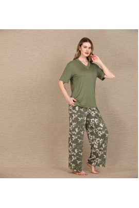 Arias Closet Şık Tasarım Çiçek Desenli Yeşil Kısa Kol Viskon Pijama Takımı
