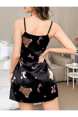 Arias Closet Siyah İnce Askılı Ayıcık Desenli Saten Mini Gecelik
