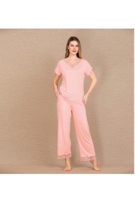 Arias Closet Viskon Şık Tasarım Dantel İşlemeli Açık Pembe Kısa Kol Pijama Takımı