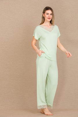 Arias Closet Viskon Şık Tasarım Dantel İşlemeli Açık Yeşil Kısa Kol Pijama Takımı