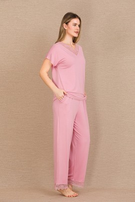 Arias Closet Viskon Şık Tasarım Dantel İşlemeli Pembe Kısa Kol Pijama Takımı
