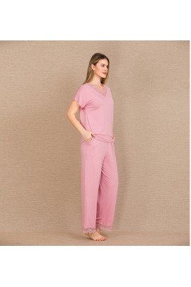 Arias Closet Viskon Şık Tasarım Dantel İşlemeli Pembe Kısa Kol Pijama Takımı
