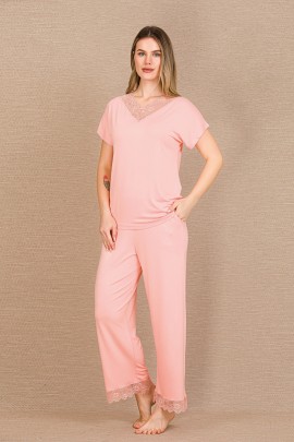 Arias Closet Viskon Şık Tasarım Dantel İşlemeli Açık Pembe Kısa Kol Pijama Takımı