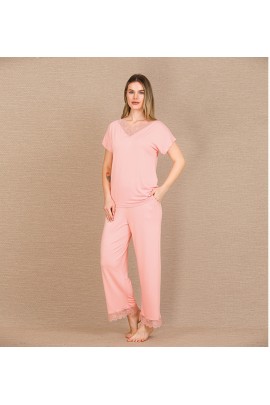 Arias Closet Viskon Şık Tasarım Dantel İşlemeli Açık Pembe Kısa Kol Pijama Takımı
