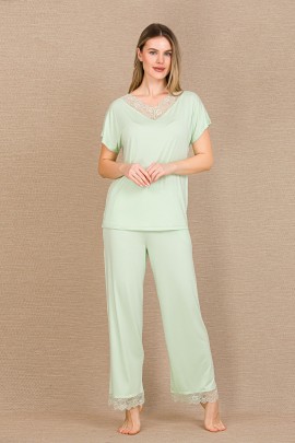Arias Closet Viskon Şık Tasarım Dantel İşlemeli Açık Yeşil Kısa Kol Pijama Takımı