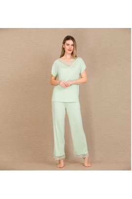 Arias Closet Viskon Şık Tasarım Dantel İşlemeli Açık Yeşil Kısa Kol Pijama Takımı