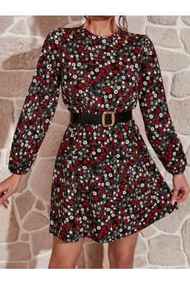 Uzun Kollu çiçek Desenli Bisiklet Yaka Helen Kumaş Elbise Kemersiz BN-48024