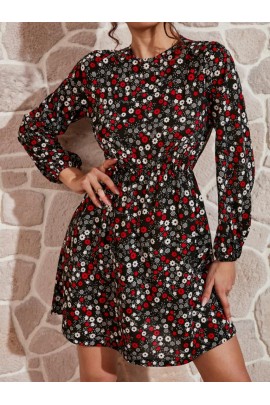 Uzun Kollu çiçek Desenli Bisiklet Yaka Helen Kumaş Elbise Kemersiz BN-48024