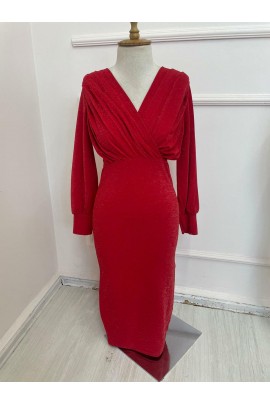 Uzun Kollu Kruvaze Yaka Büzgü Ve Balon Kol Detay Simli Krep Kumaş Maxi Boy Elbise BN-45960