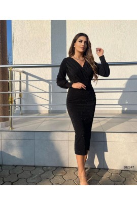 Uzun Kollu Kruvaze Yaka Büzgü Ve Balon Kol Detay Simli Krep Kumaş Maxi Boy Elbise BN-45958