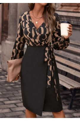 Uzun Kollu Kruvaze Yaka Dijital Baskılı Fiyonk Detay Dalgıç Kumaş Elbise