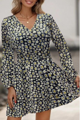 Uzun Kollu V Yaka çiçek Desenli Helen Kumaş Elbise BN-53603