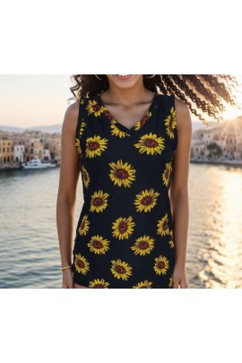 V Yaka Kolsuz Ayçiçeği Desen Krep Bluz BN-56792