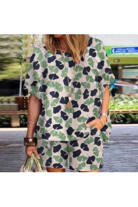Yaprak Desen Oversize Kalıp İthal Krep Kumaş İkili Takım BN-57546