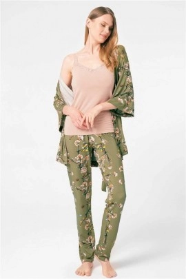 Arias Closet İp Askılı V Yaka Viskon Çiçek Desenli Kışlık Örme Normal Bel Bağlamalı Dantel Detaylı Pijama Takımı Sabahlık