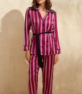 Saten Çizgili Düğmeli Uzun Kol Dantelli Gömlek ve Pantolon Pijama Takım